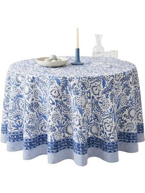 NEW ATOSII Indigo Bloom 100% Cotton Round Boho Fall Tablecloth, Handblock 90”